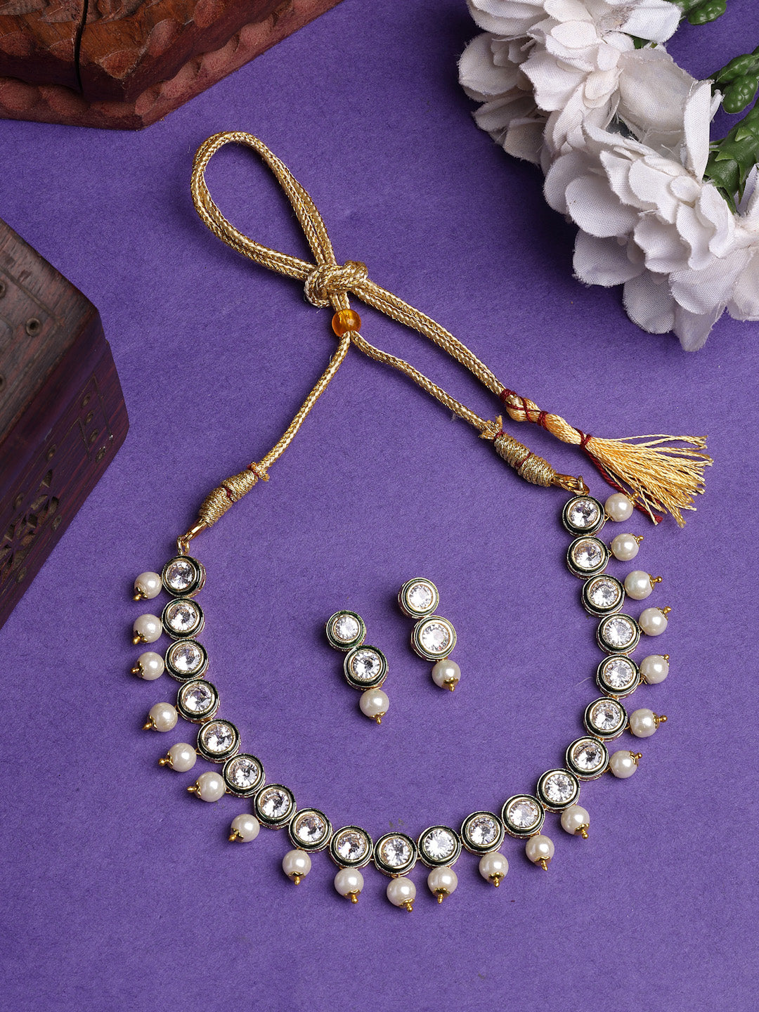 NVR Women Gold-Polished Round Shape Kundan Studded Short Jewellery Set - Distacart