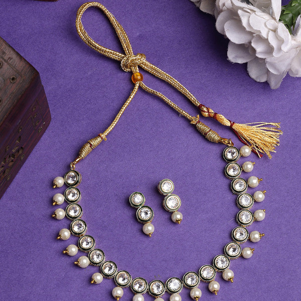 NVR Women Gold-Polished Round Shape Kundan Studded Short Jewellery Set - Distacart