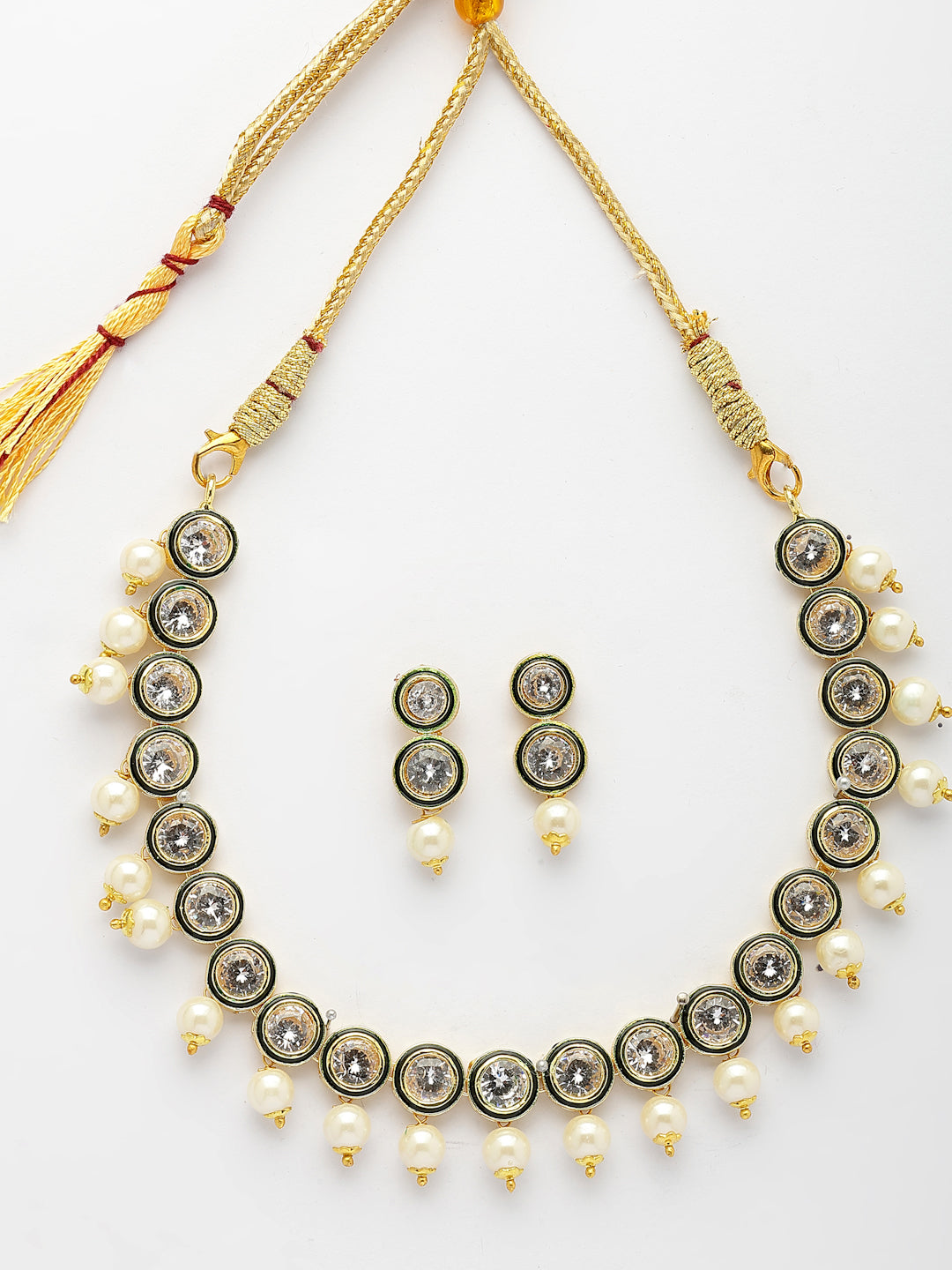 NVR Women Gold-Polished Round Shape Kundan Studded Short Jewellery Set - Distacart