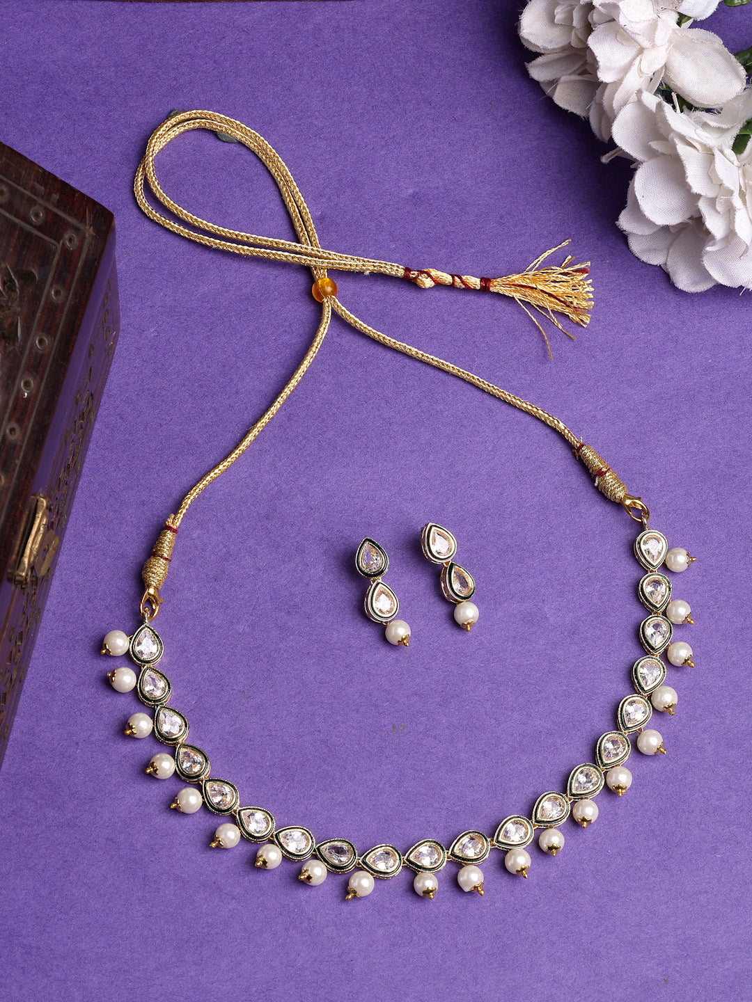 NVR Women Gold-Polished Pear Shape Kundan Studded Short Jewellery Set - Distacart