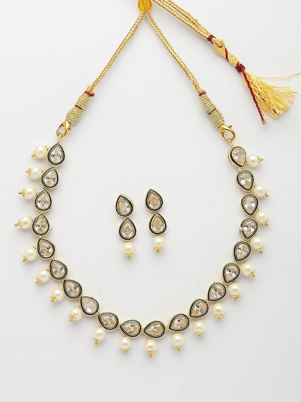 NVR Women Gold-Polished Pear Shape Kundan Studded Short Jewellery Set - Distacart