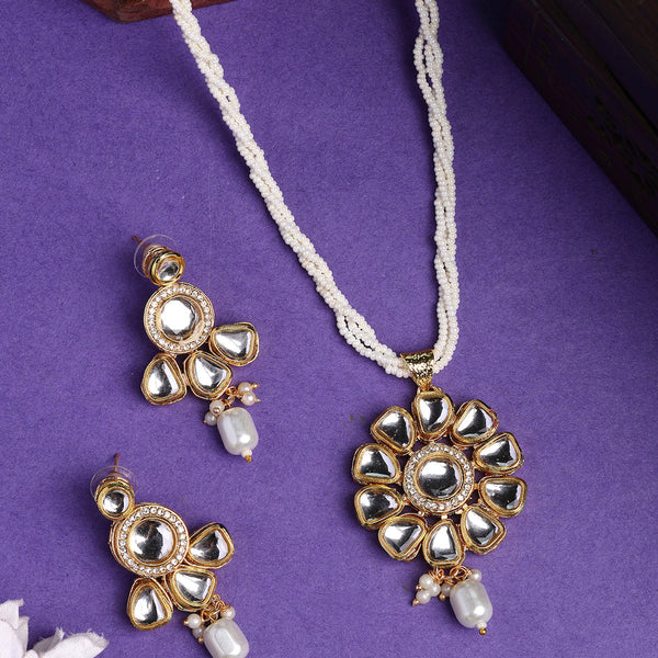 NVR Women Gold-Polished Kundan Studded & Pearls Long Jewellery Set - Distacart