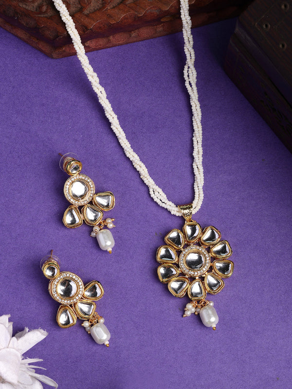 NVR Women Gold-Polished Kundan Studded & Pearls Long Jewellery Set - Distacart