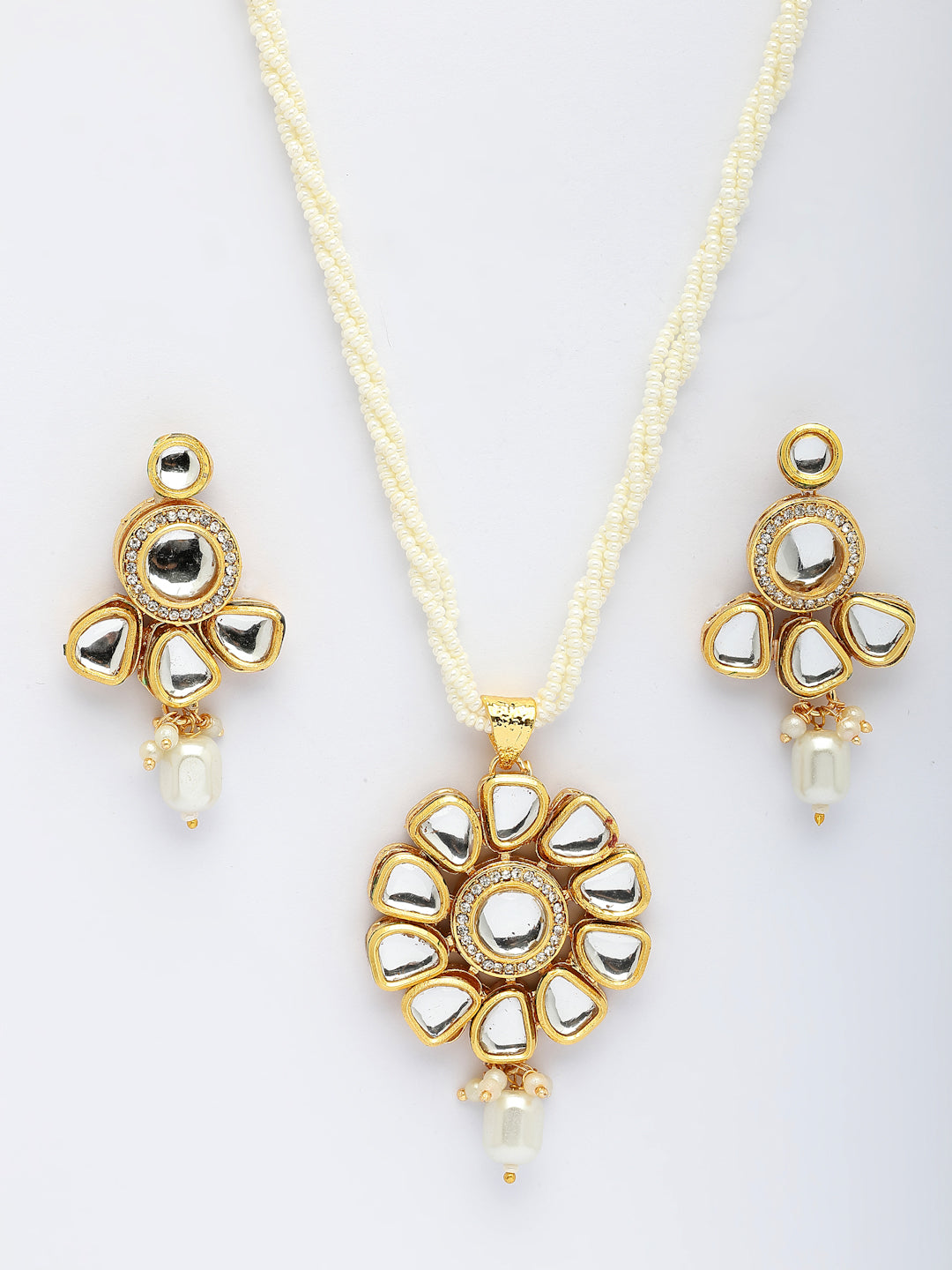 NVR Women Gold-Polished Kundan Studded & Pearls Long Jewellery Set - Distacart