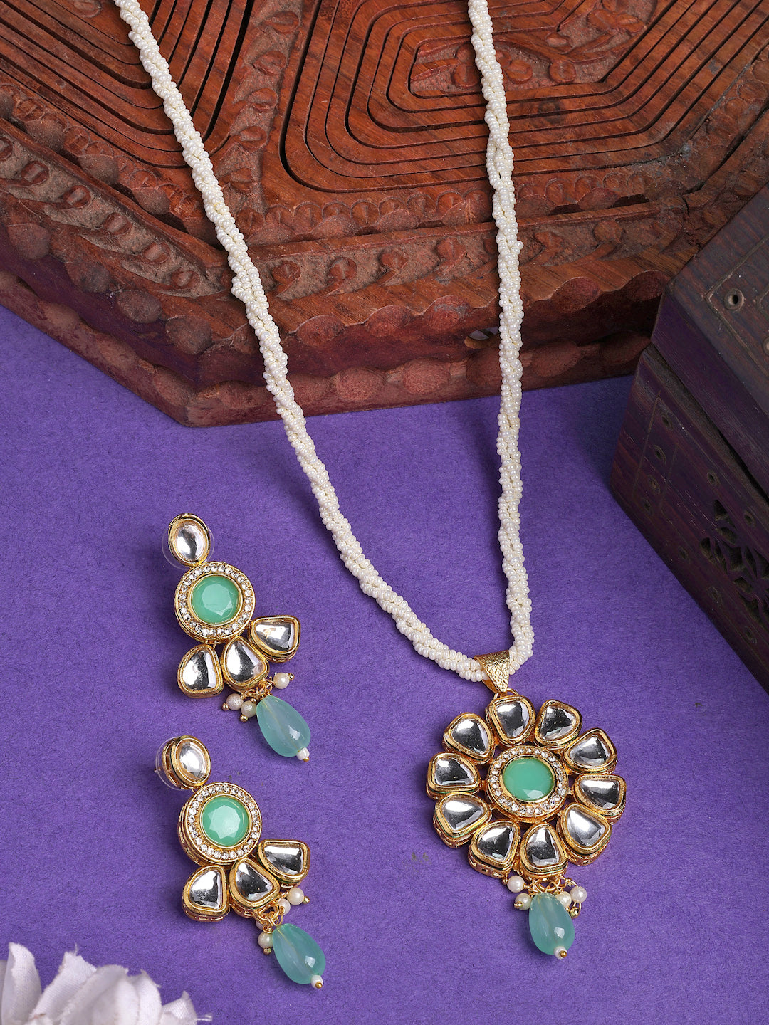 NVR Women Green Stones with Kundan Studded Long Jewellery Set - Distacart