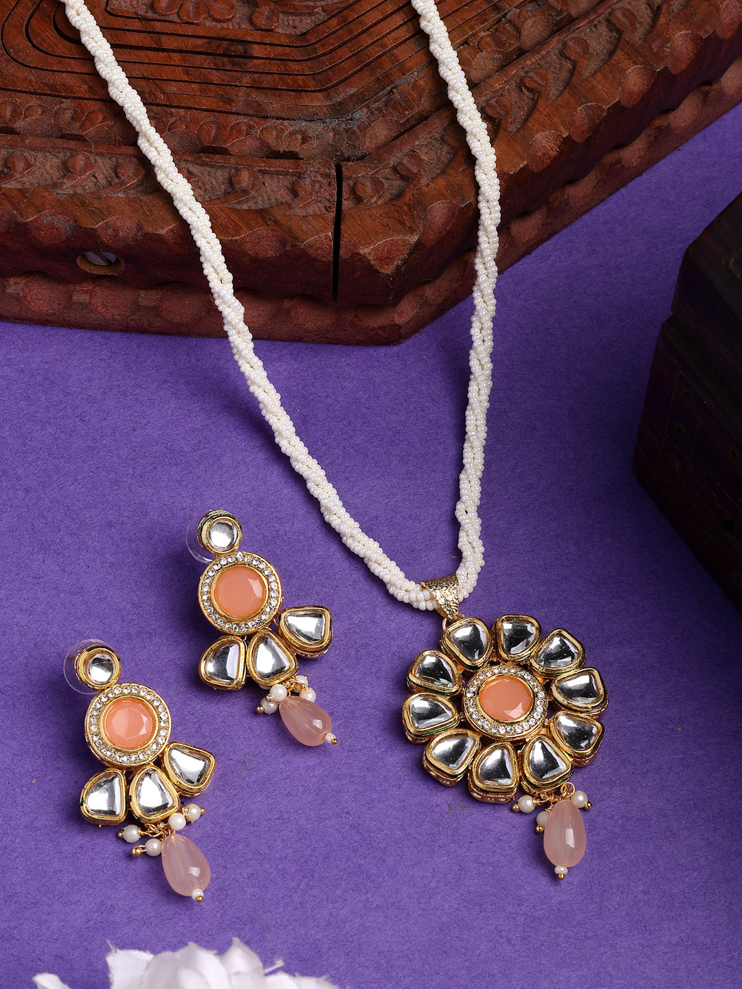 NVR Women Peach Stones with Kundan Studded Long Jewellery Set - Distacart