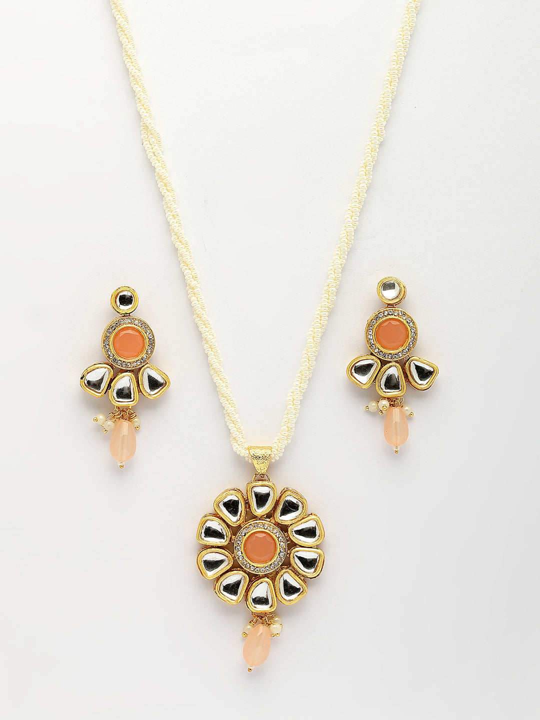NVR Women Peach Stones with Kundan Studded Long Jewellery Set - Distacart