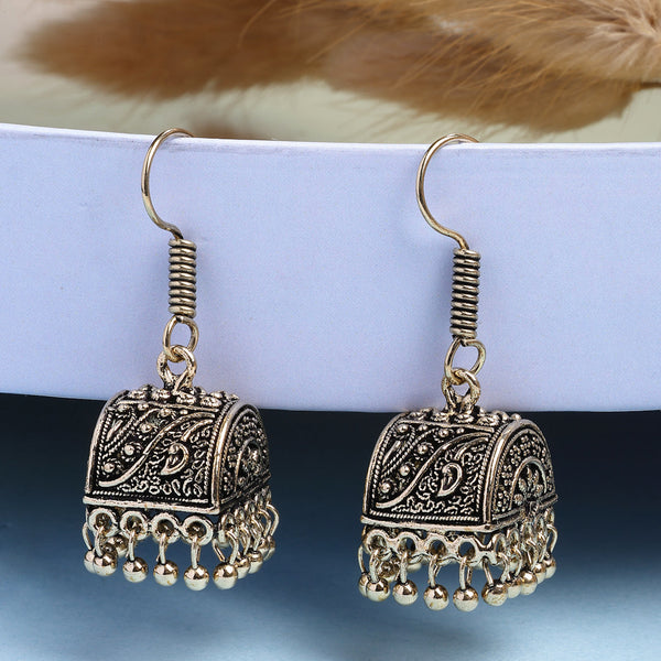 NVR Women Gold-Polished Oxidized Contemporary Jhumka Earrings - Distacart