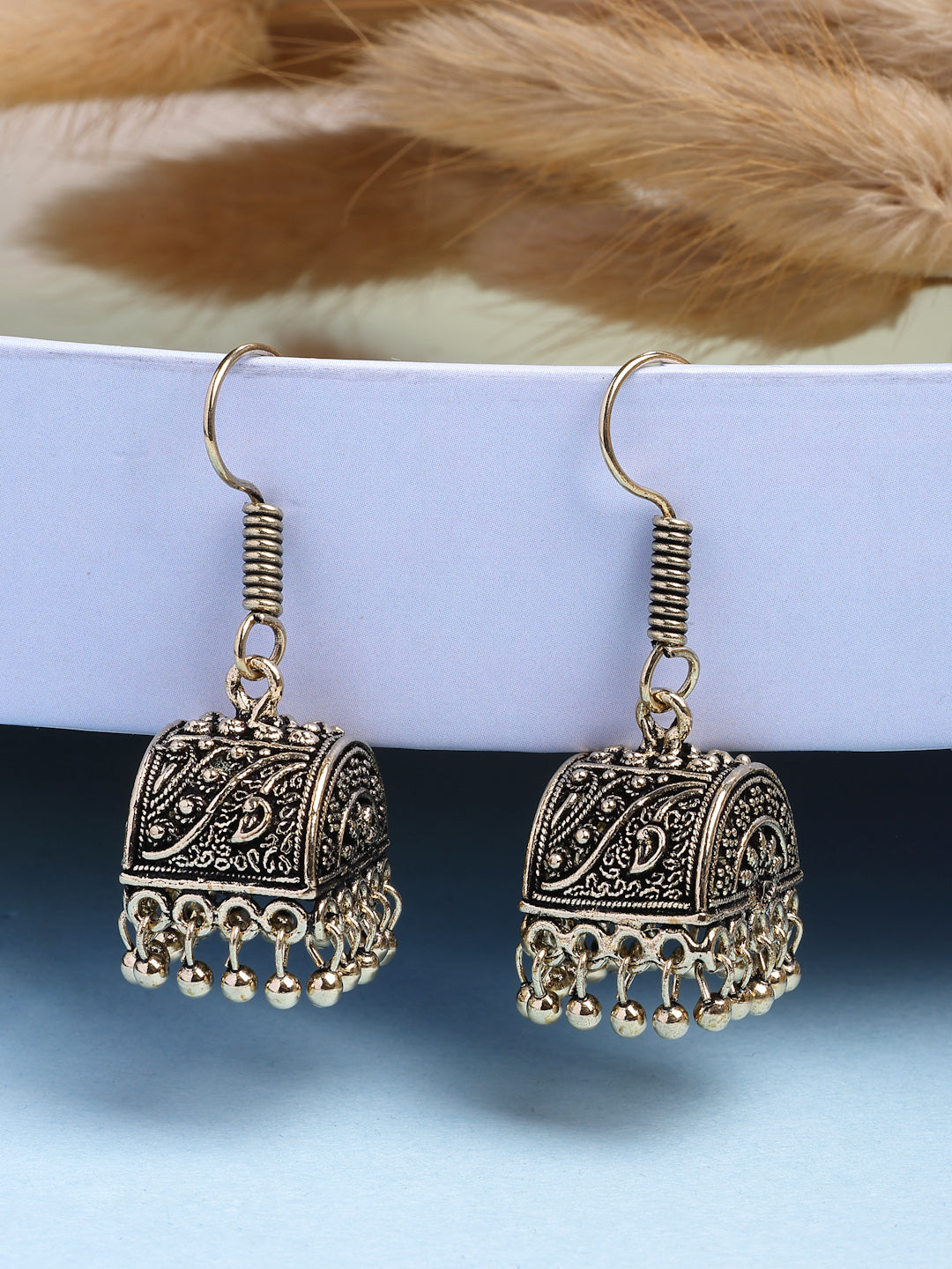 NVR Women Gold-Polished Oxidized Contemporary Jhumka Earrings - Distacart