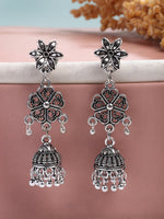 Thumbnail for NVR Women Silver Toned Oxidized Floral Design Jhumka Earrings - Distacart