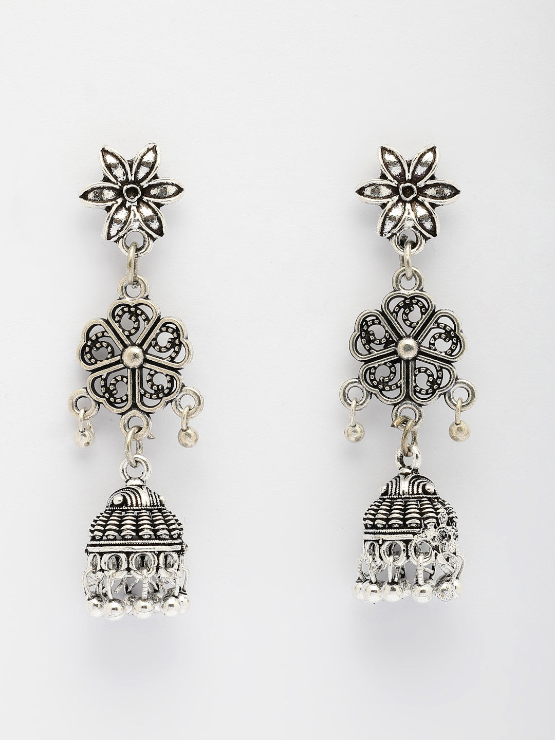 NVR Women Silver Toned Oxidized Floral Design Jhumka Earrings - Distacart