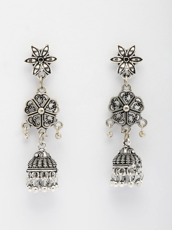 NVR Women Silver Toned Oxidized Floral Design Jhumka Earrings - Distacart