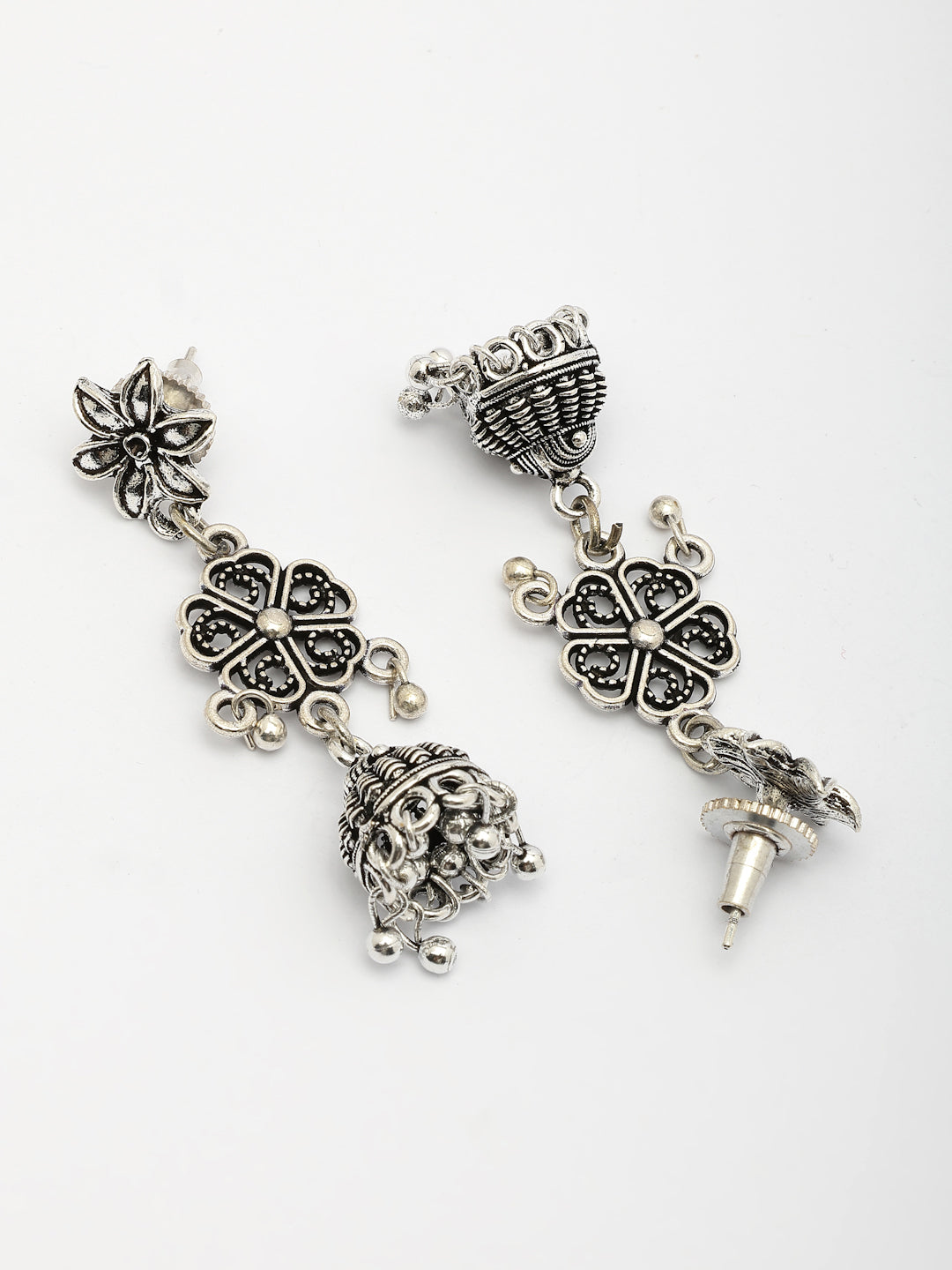 NVR Women Silver Toned Oxidized Floral Design Jhumka Earrings - Distacart