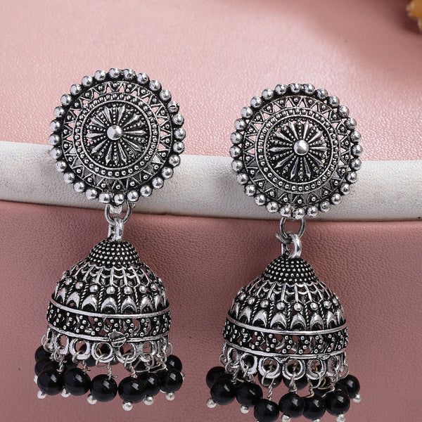 NVR Women's Oxidized Silver Plated Black Artificial Beads Jhumka Earrings - Distacart