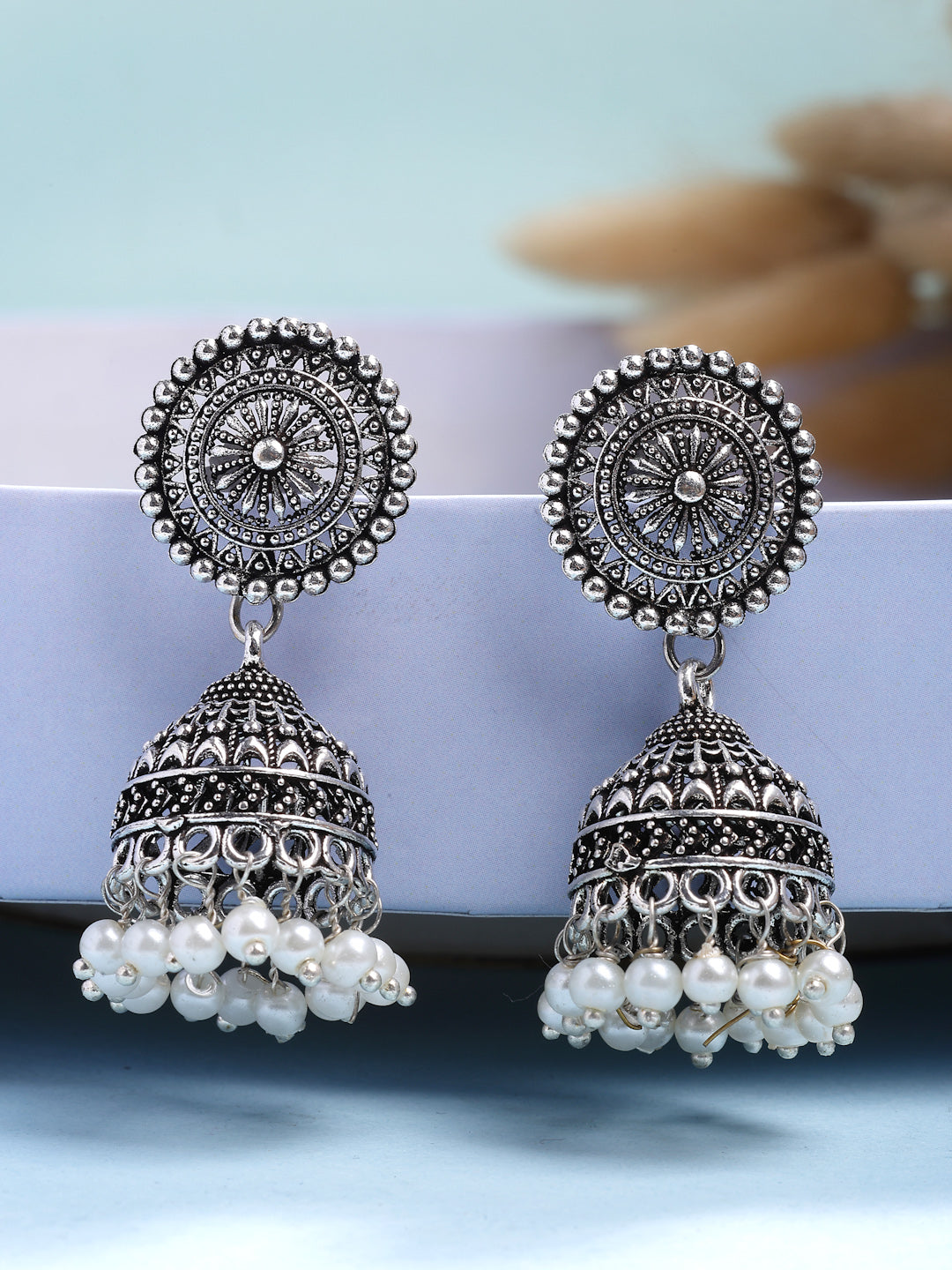 NVR Women's Oxidized Silver Plated White Artificial Beads Jhumka Earrings - Distacart