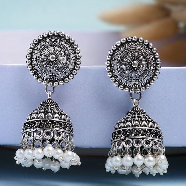 NVR Women's Oxidized Silver Plated White Artificial Beads Jhumka Earrings - Distacart