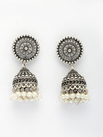 Thumbnail for NVR Women's Oxidized Silver Plated White Artificial Beads Jhumka Earrings - Distacart