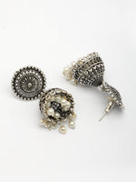 Thumbnail for NVR Women's Oxidized Silver Plated White Artificial Beads Jhumka Earrings - Distacart