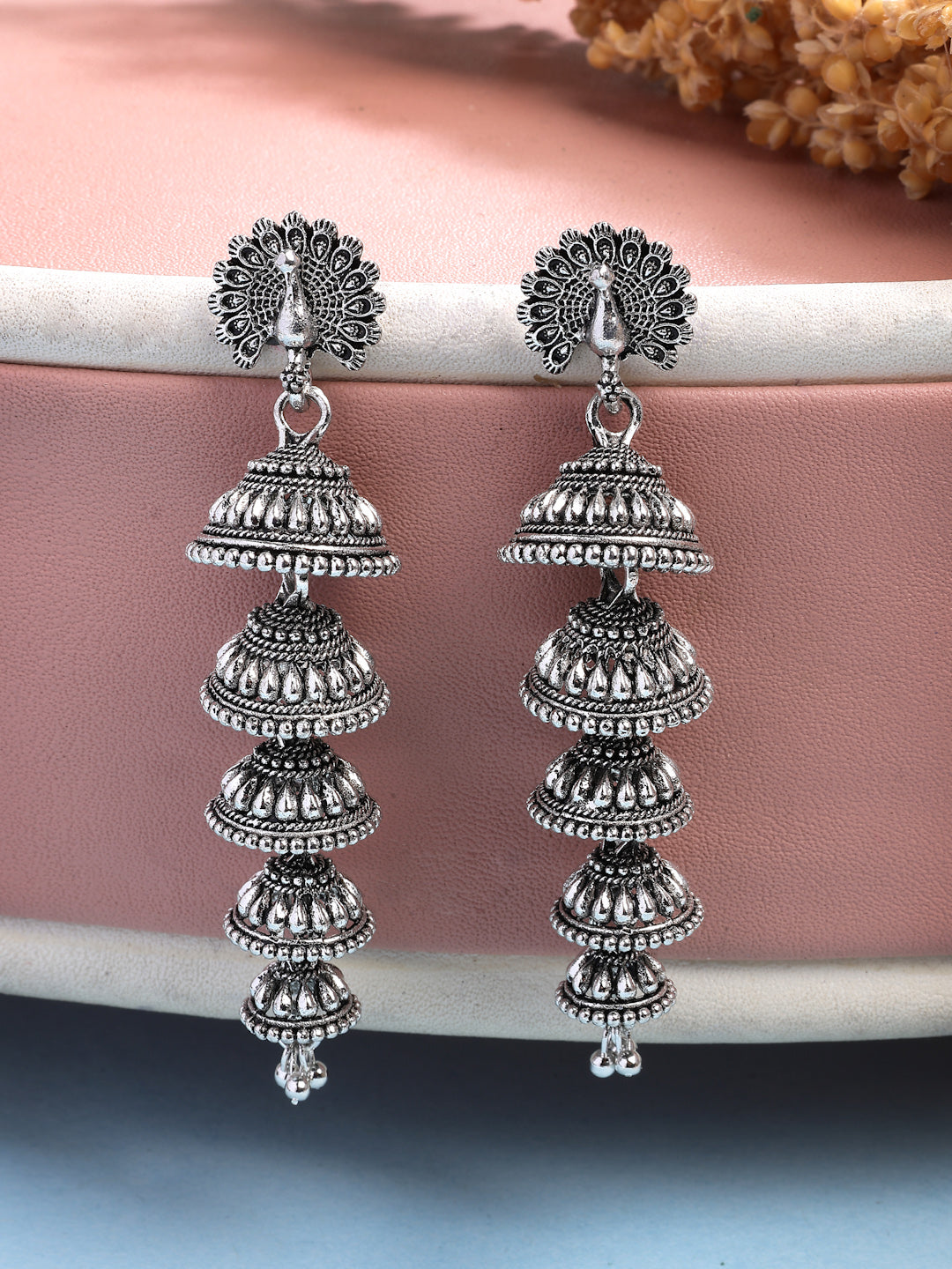 NVR Women Silver Plated Oxidized Peacock Design Layered Jhumka Earrings - Distacart