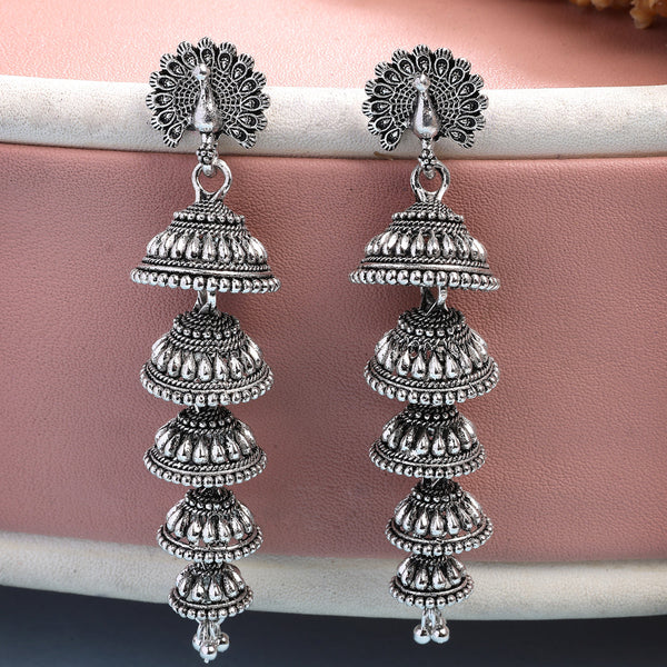 NVR Women Silver Plated Oxidized Peacock Design Layered Jhumka Earrings - Distacart