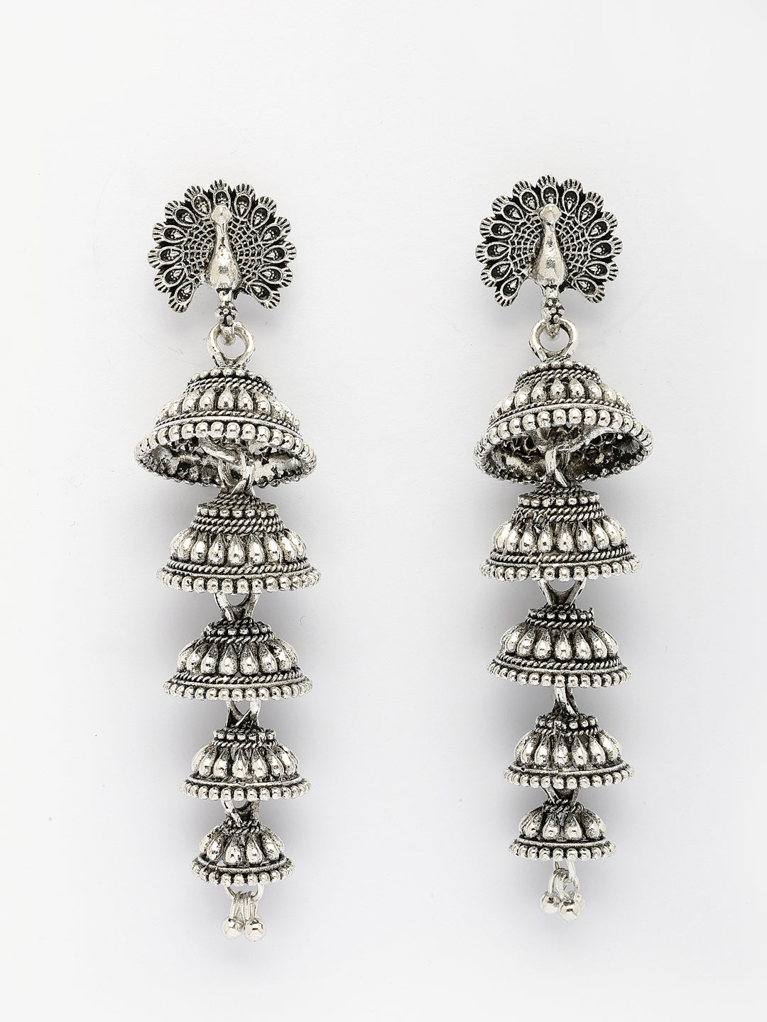NVR Women Silver Plated Oxidized Peacock Design Layered Jhumka Earrings - Distacart