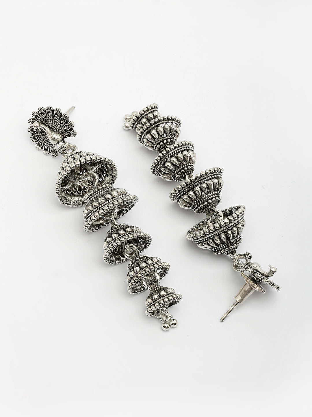 NVR Women Silver Plated Oxidized Peacock Design Layered Jhumka Earrings - Distacart