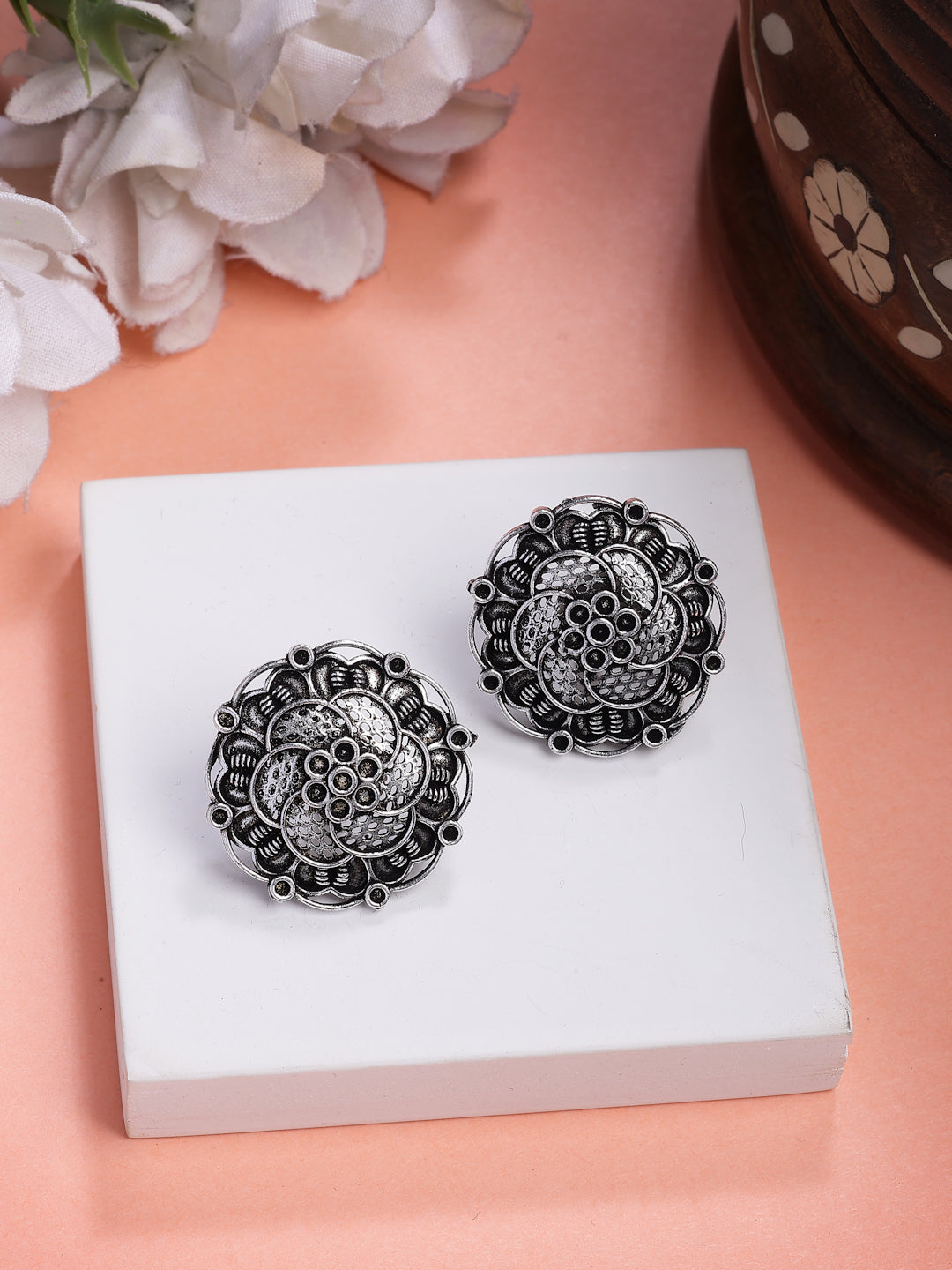 NVR Women's Silver Plated Oxidized Floral Design Stud Earrings - Distacart