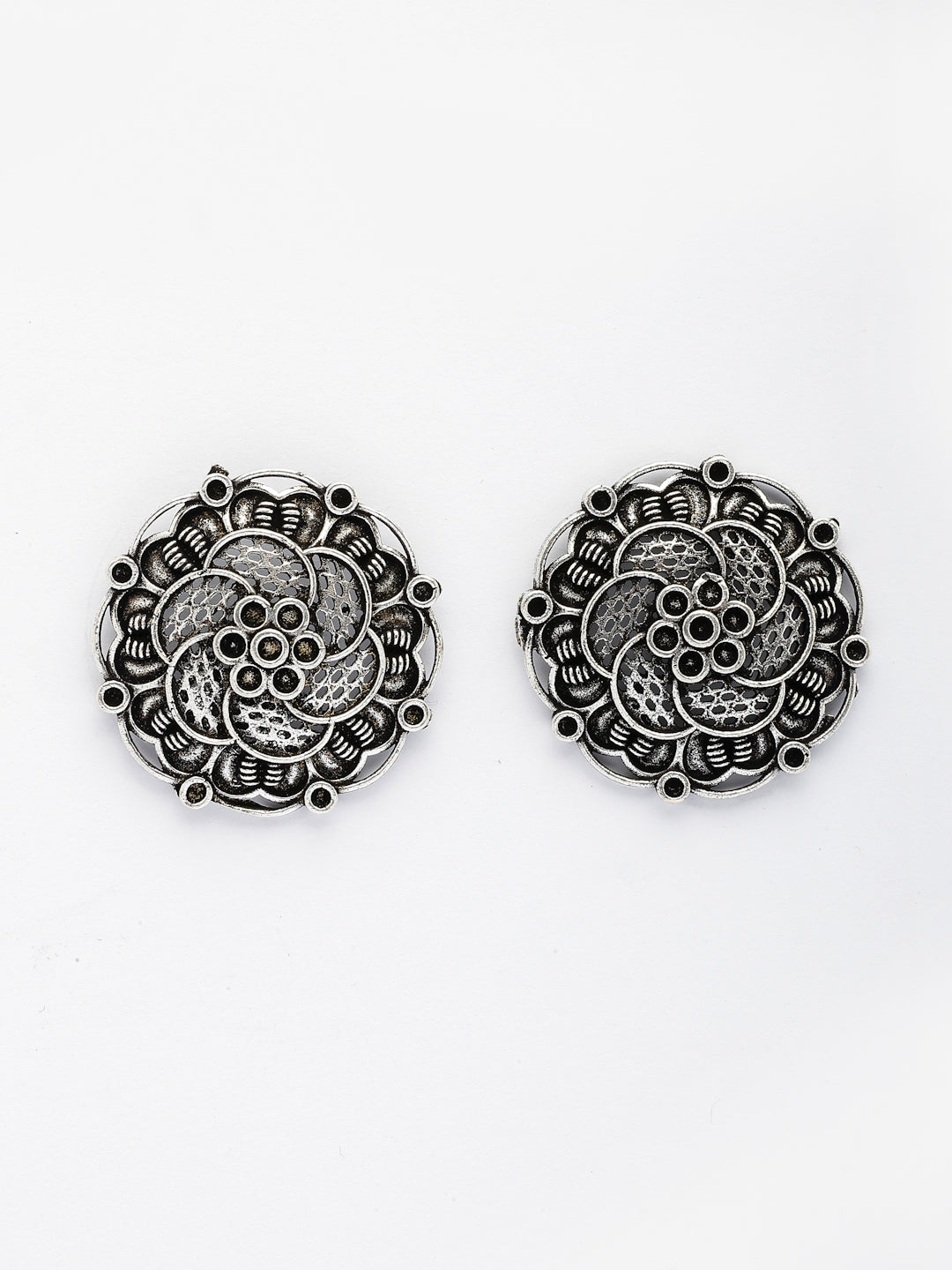 NVR Women's Silver Plated Oxidized Floral Design Stud Earrings - Distacart