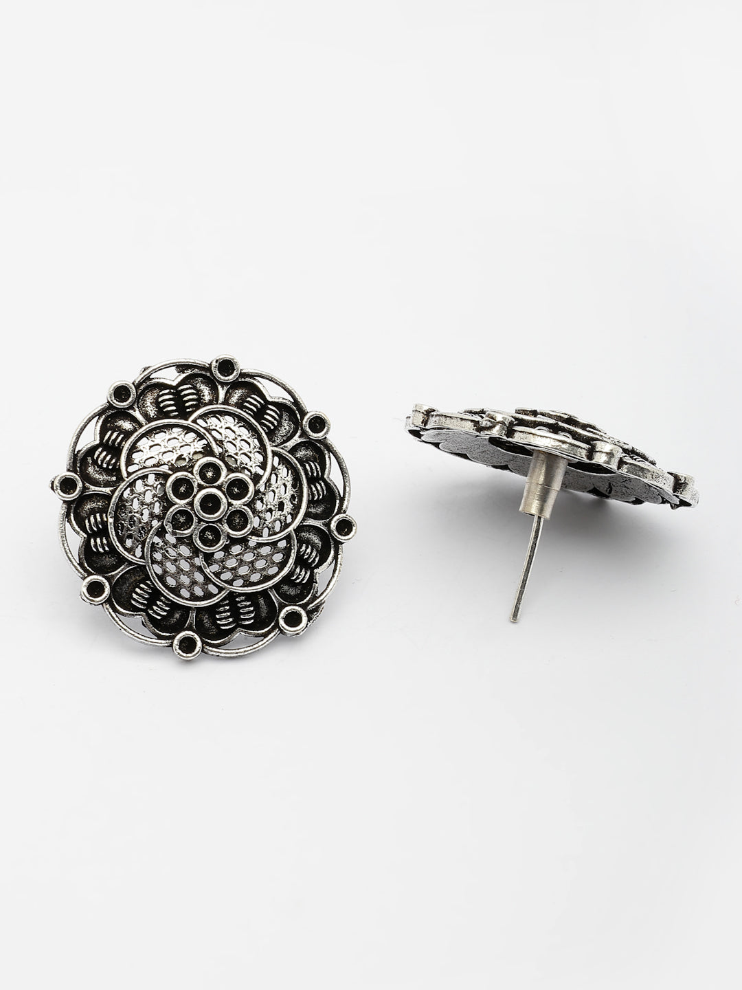 NVR Women's Silver Plated Oxidized Floral Design Stud Earrings - Distacart