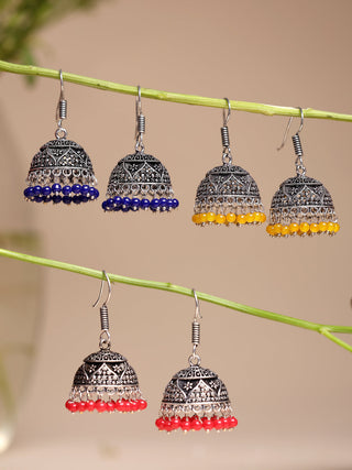 NVR Women's Pair of 3 Oxidized Silver Plated Multicolor Artificial Beads Jhumka Earrings - Distacart