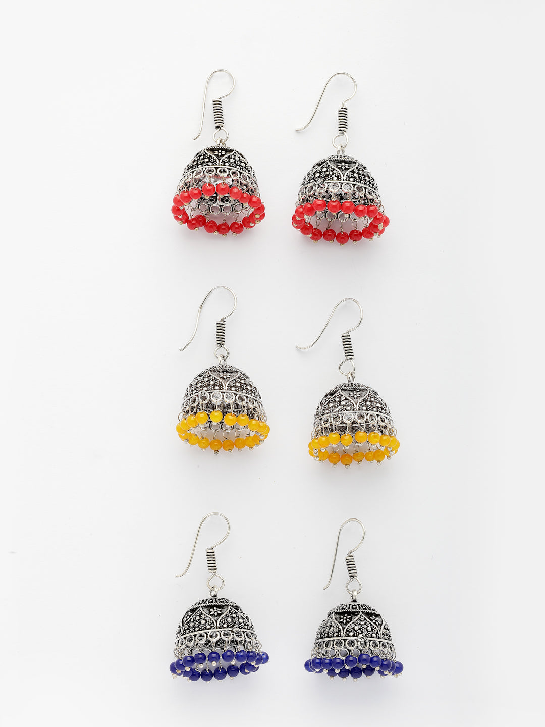 NVR Women's Pair of 3 Oxidized Silver Plated Multicolor Artificial Beads Jhumka Earrings - Distacart