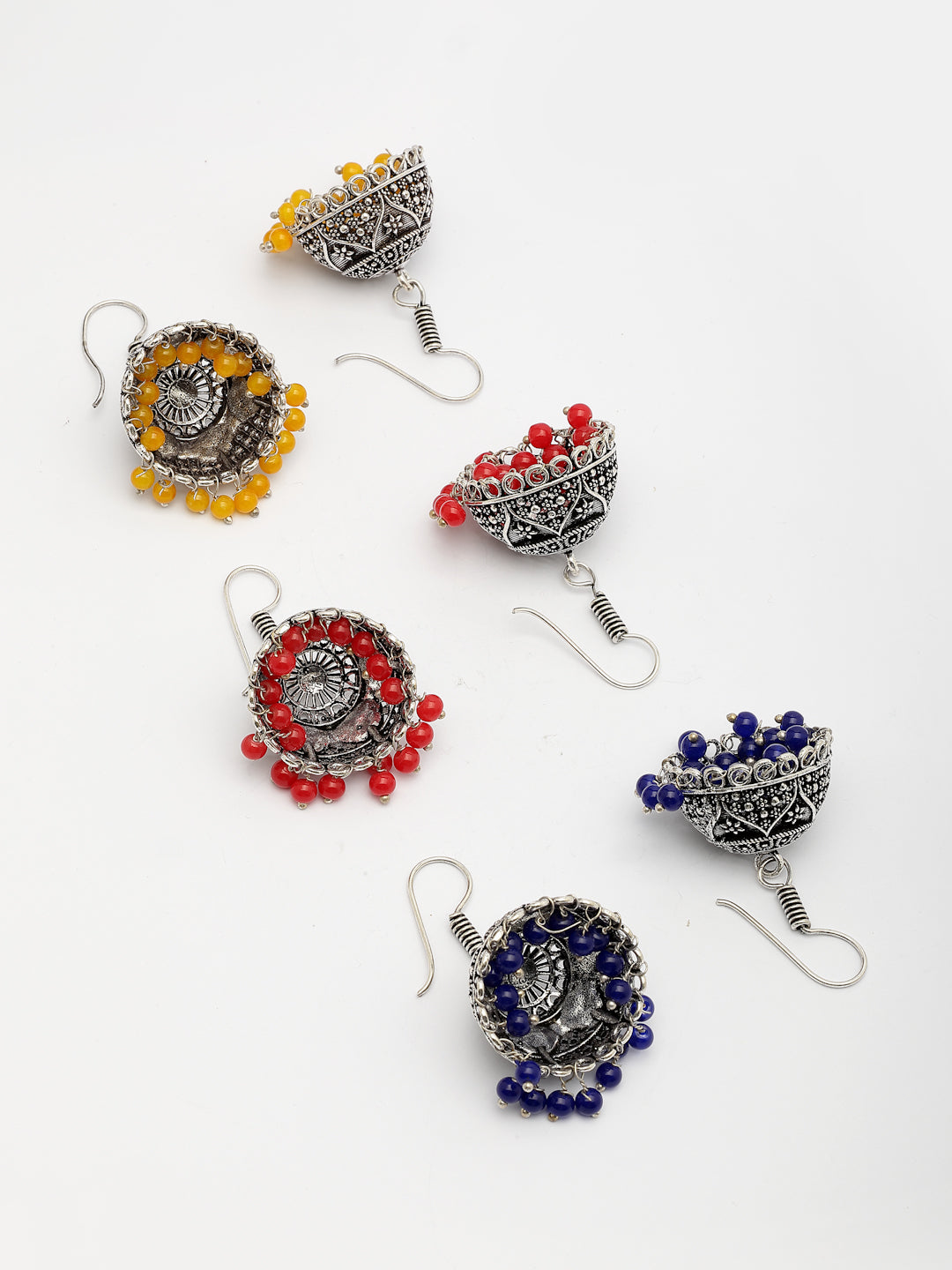 NVR Women's Pair of 3 Oxidized Silver Plated Multicolor Artificial Beads Jhumka Earrings - Distacart