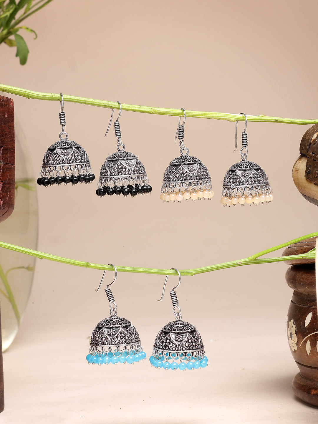 NVR Women Pair of 3 Multicolor Artificial Beads Oxidized Silver Plated Jhumka Earrings - Distacart