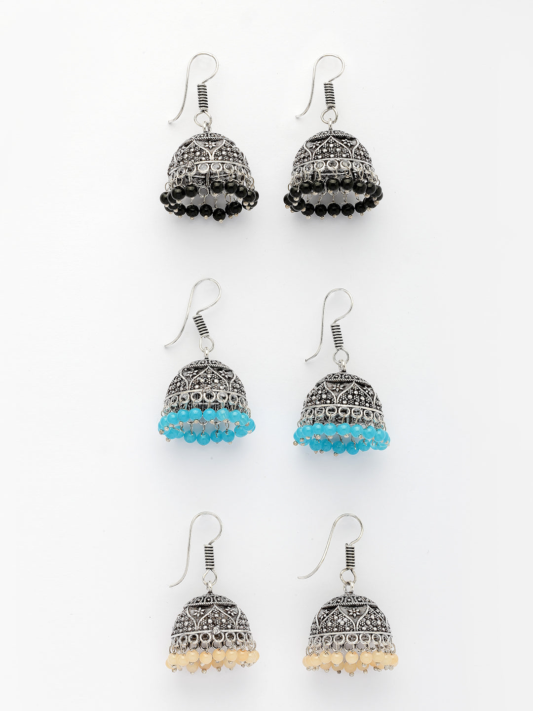 NVR Women Pair of 3 Multicolor Artificial Beads Oxidized Silver Plated Jhumka Earrings - Distacart