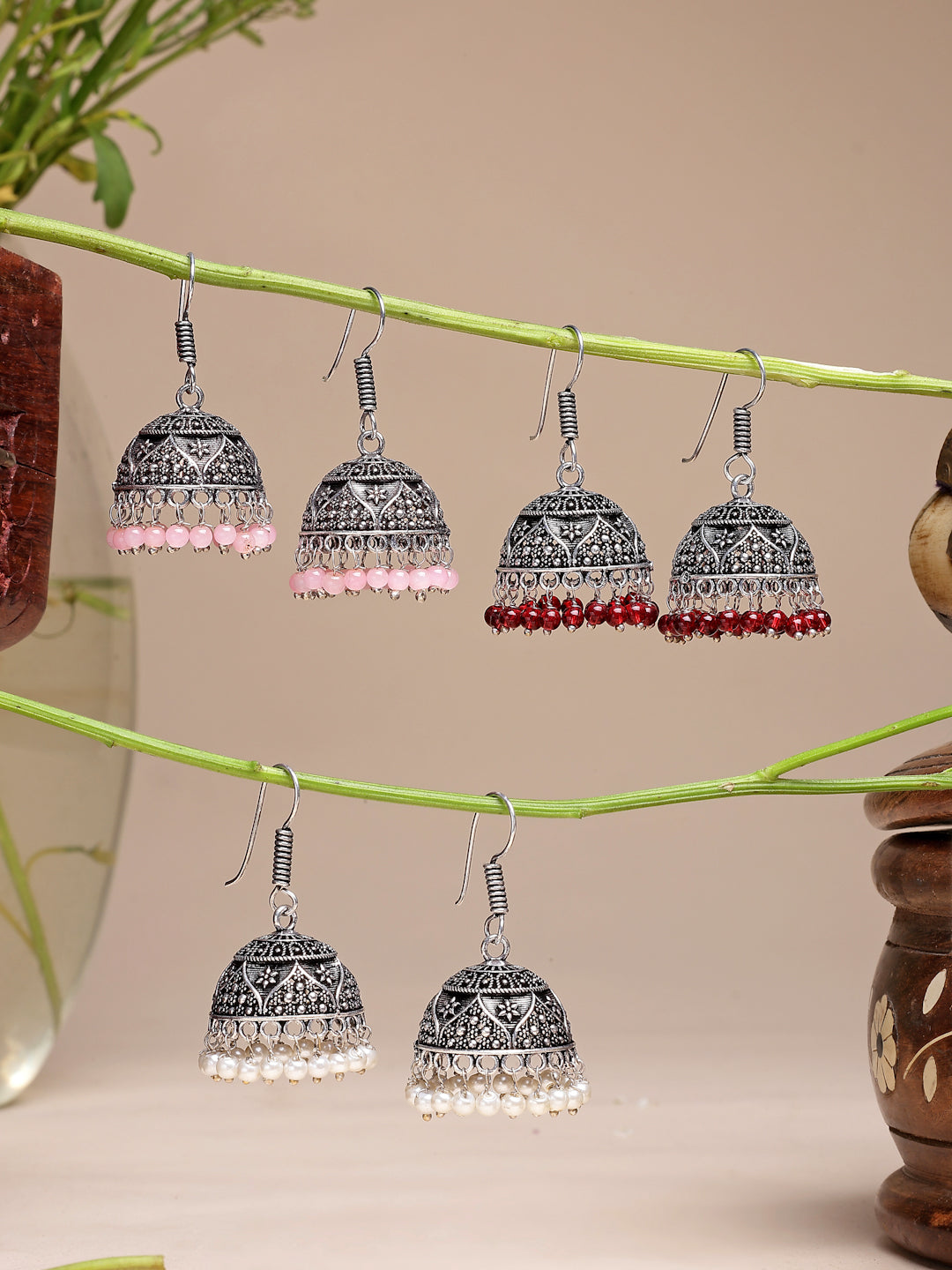 NVR Women Pair of 3 Oxidized Silver Plated Multicolor Artificial Beads Jhumka Earrings - Distacart