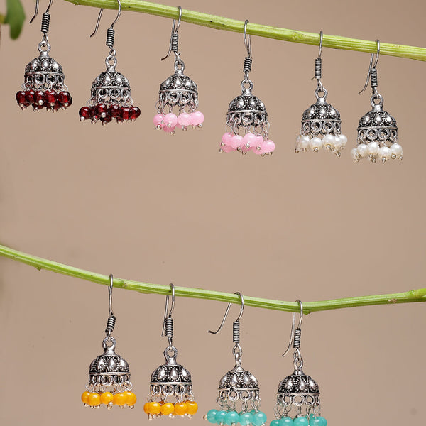 NVR Women's Pair of 5 Oxidized Silver Plated Multicolor Artificial Beads Jhumka Earrings - Distacart