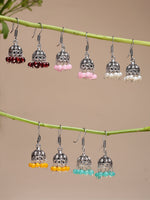 Thumbnail for NVR Women's Pair of 5 Oxidized Silver Plated Multicolor Artificial Beads Jhumka Earrings