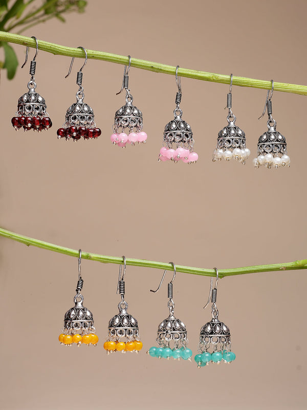 NVR Women's Pair of 5 Oxidized Silver Plated Multicolor Artificial Beads Jhumka Earrings
