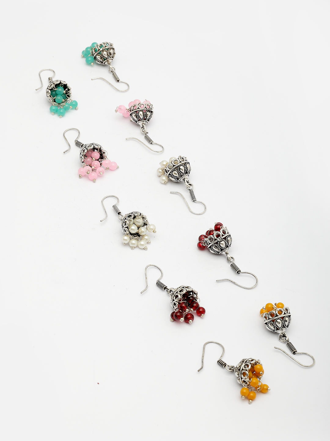 NVR Women's Pair of 5 Oxidized Silver Plated Multicolor Artificial Beads Jhumka Earrings