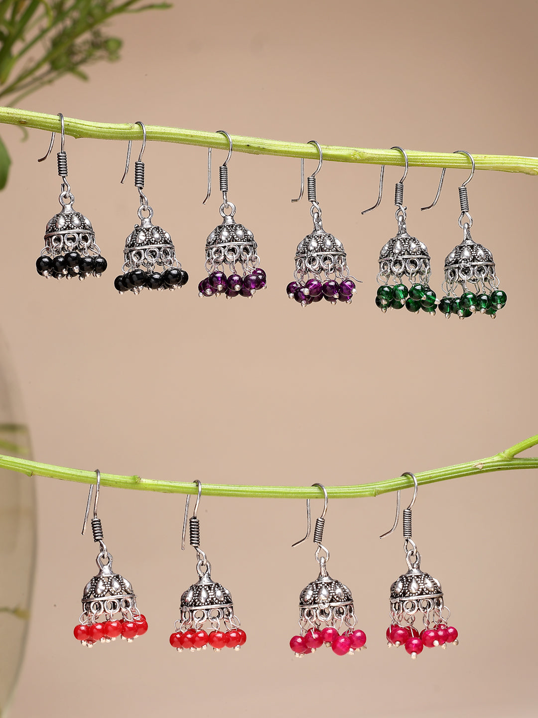 NVR Women Pair of 5 Oxidized Silver Plated Multicolor Artificial Beads Jhumka Earrings - Distacart