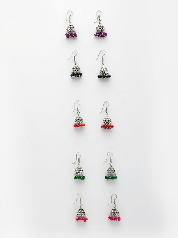 NVR Women Pair of 5 Oxidized Silver Plated Multicolor Artificial Beads Jhumka Earrings - Distacart