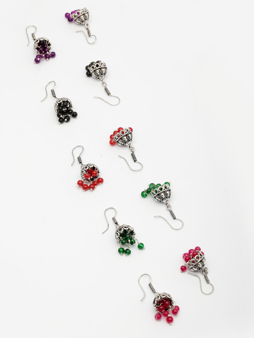 NVR Women Pair of 5 Oxidized Silver Plated Multicolor Artificial Beads Jhumka Earrings - Distacart