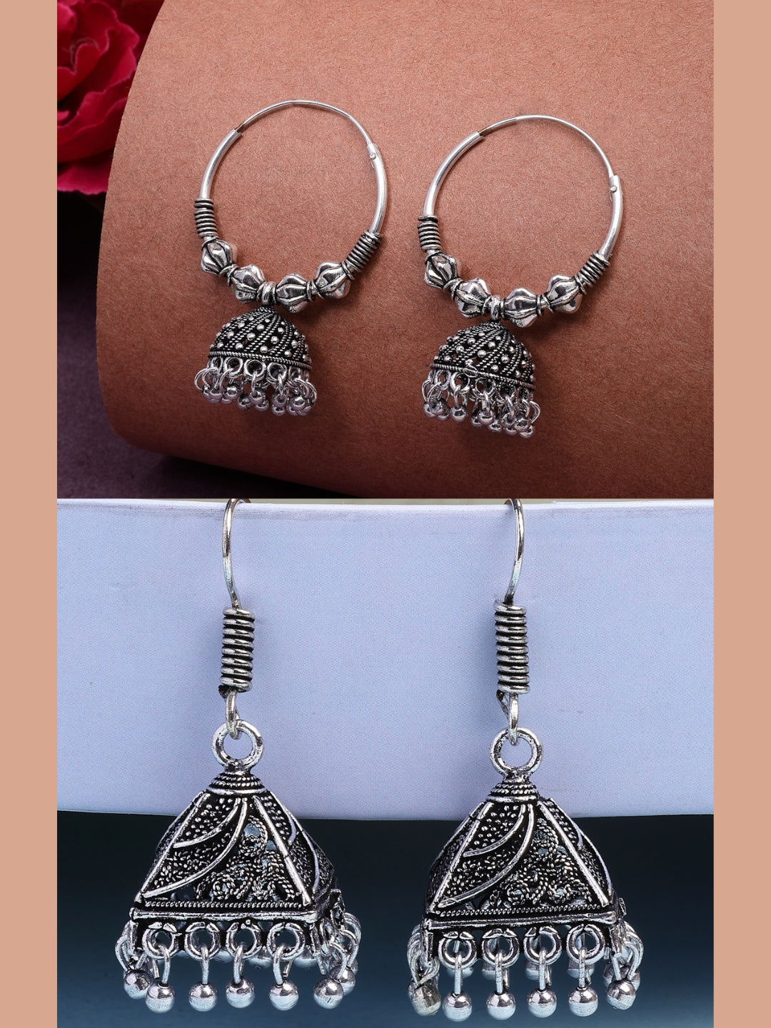 NVR Women's Set of 2 Ethnic Silver Plated Oxidized Circle Jhumka Earrings - Distacart