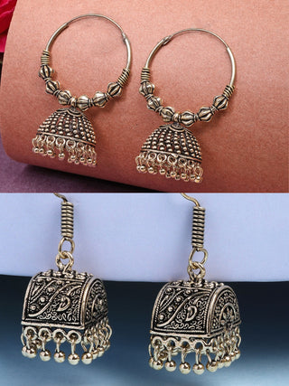 NVR Women Set of 2 Gold-Polished Oxidized Contemporary Jhumka Earrings - Distacart