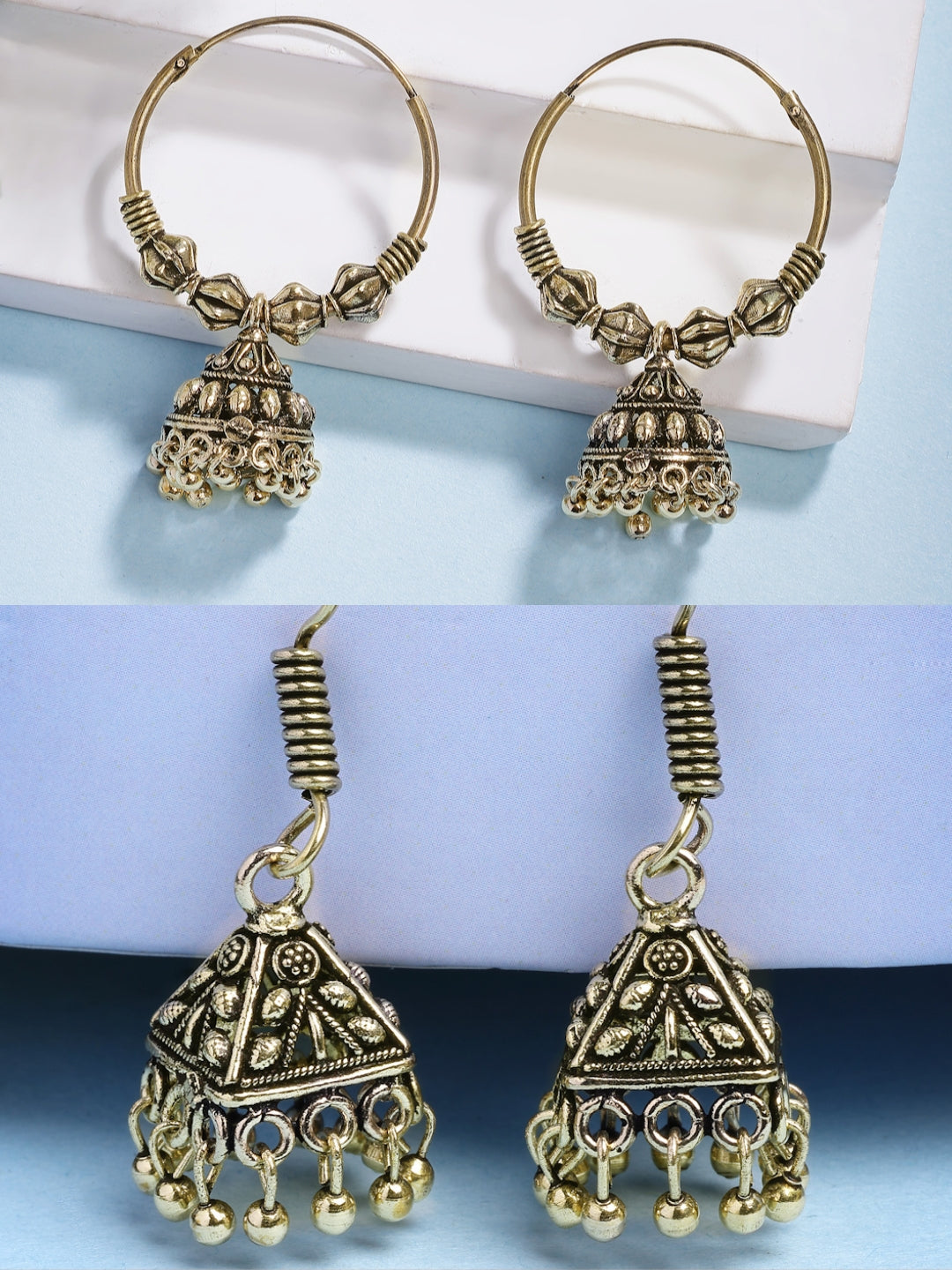 NVR Women's Set of 2 Traditional Gold-Polished Oxidized Jhumka Earrings - Distacart