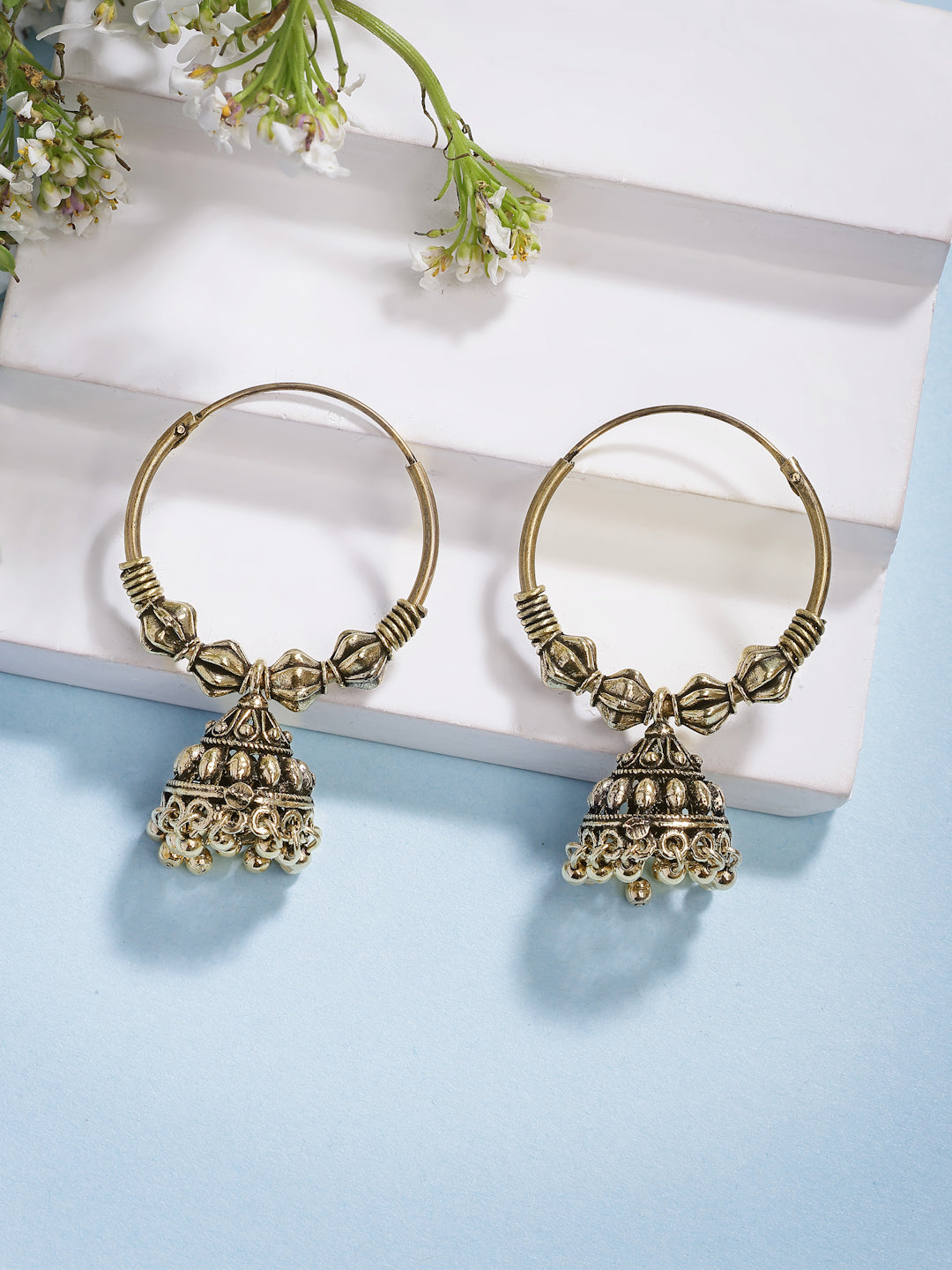 NVR Women's Set of 2 Traditional Gold-Polished Oxidized Jhumka Earrings