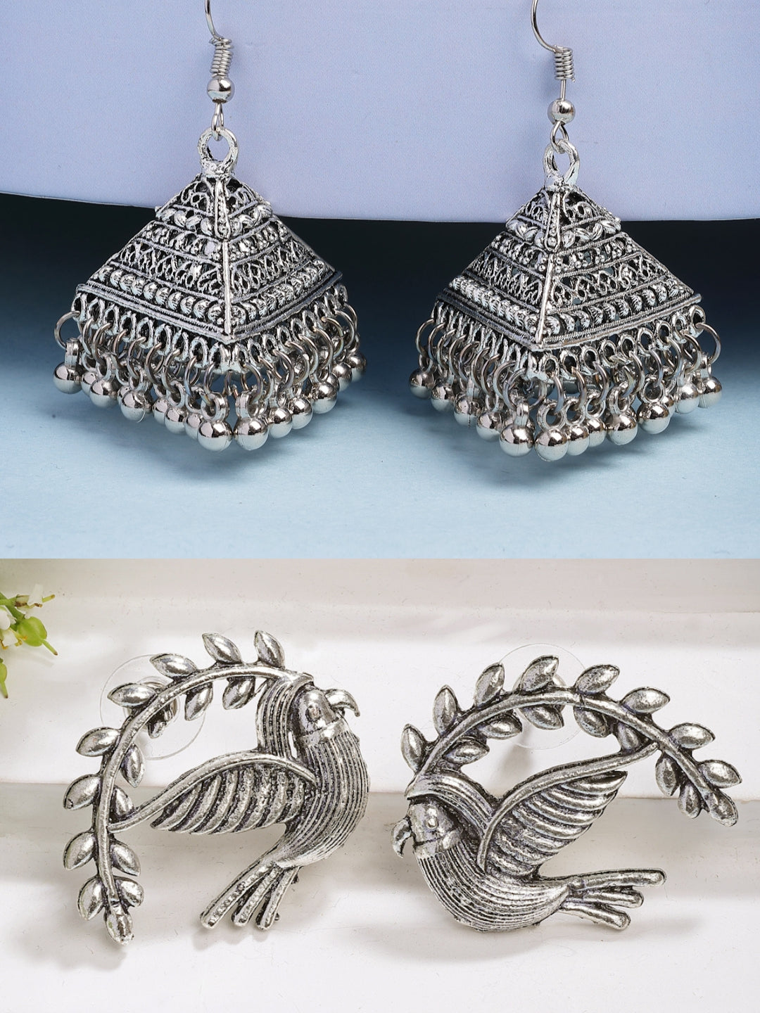 NVR Women Silver Toned Oxidized Set of 2 Jhumka & Drop Earrings - Distacart