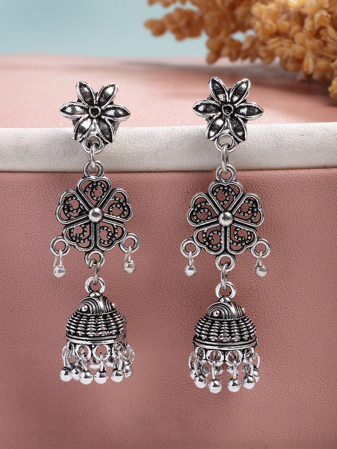 NVR Women Set of 2 Silver Toned Oxidized Jhumka Earrings - Distacart
