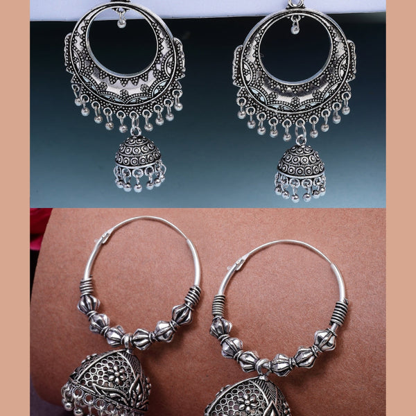 NVR Women's Set of 2 Silver Plated Oxidized Contemporary Jhumka Earrings - Distacart