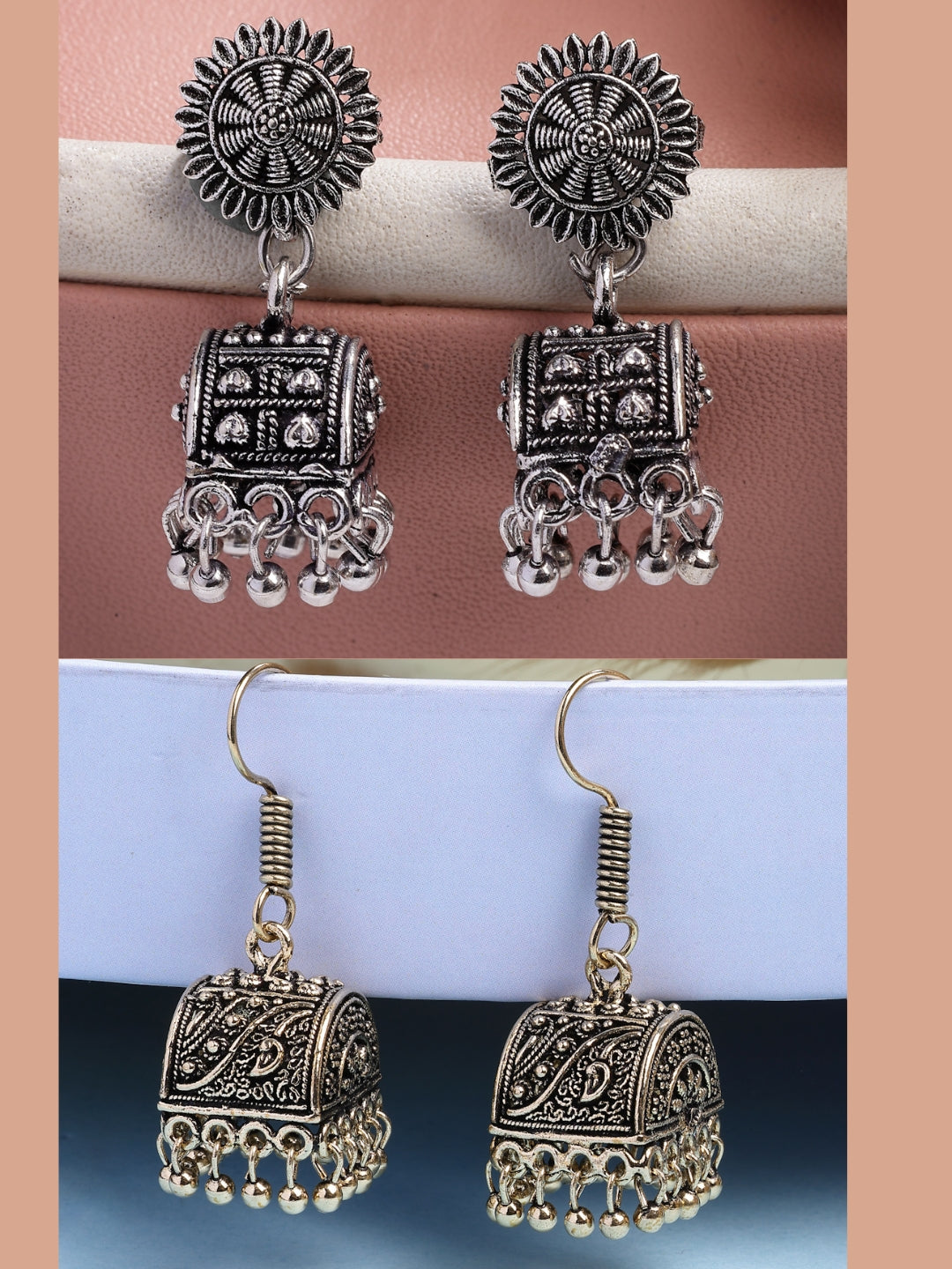 NVR Women Set of 2 Oxidized Contemporary Jhumka Earrings - Distacart